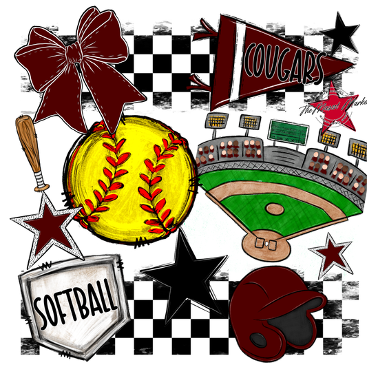 Cougars Checkers Softball Spirit Design-Maroon