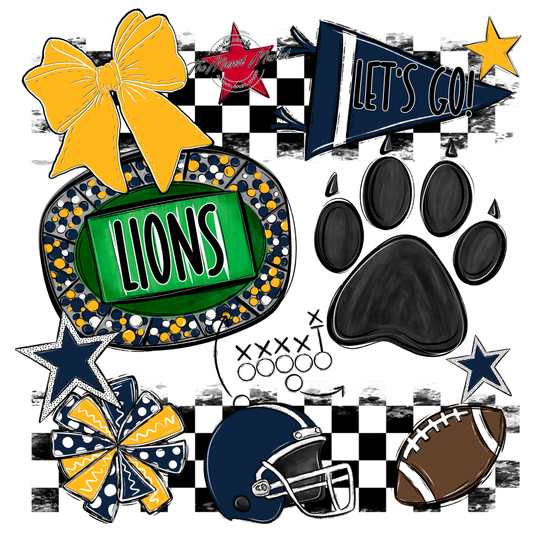 Lions Checkers Mascot Spirit Design w Paw-Navy-Yellow