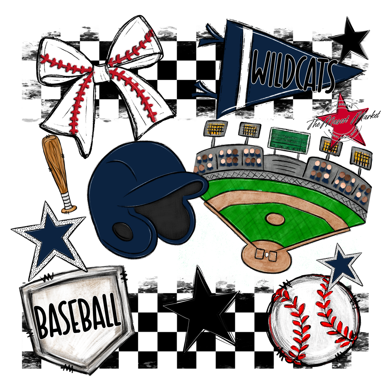 Wildcats Checkers Baseball Spirit Design-Navy