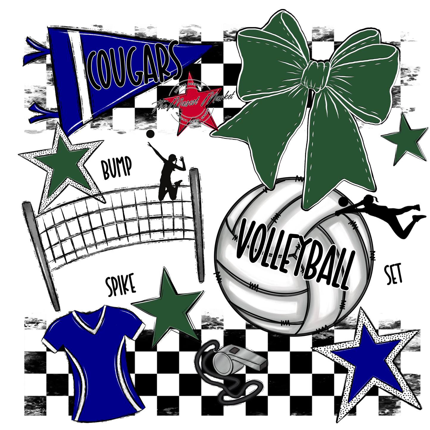 Cougars Checkers Volleyball Spirit Design-Blue-Green