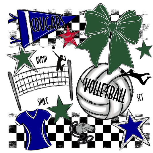 Cougars Checkers Volleyball Spirit Design-Blue-Green