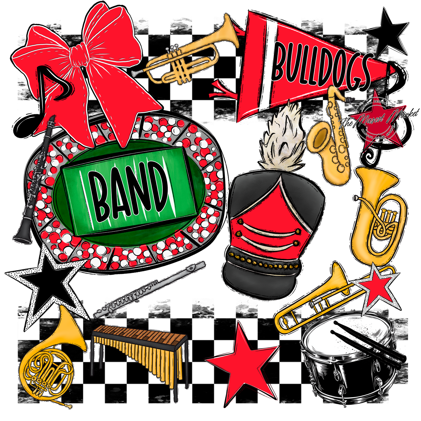 Bulldogs Checkers Band Spirit Design-Bright Red