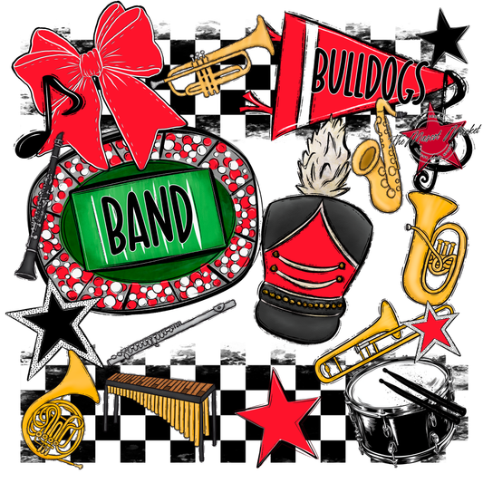 Bulldogs Checkers Band Spirit Design-Bright Red
