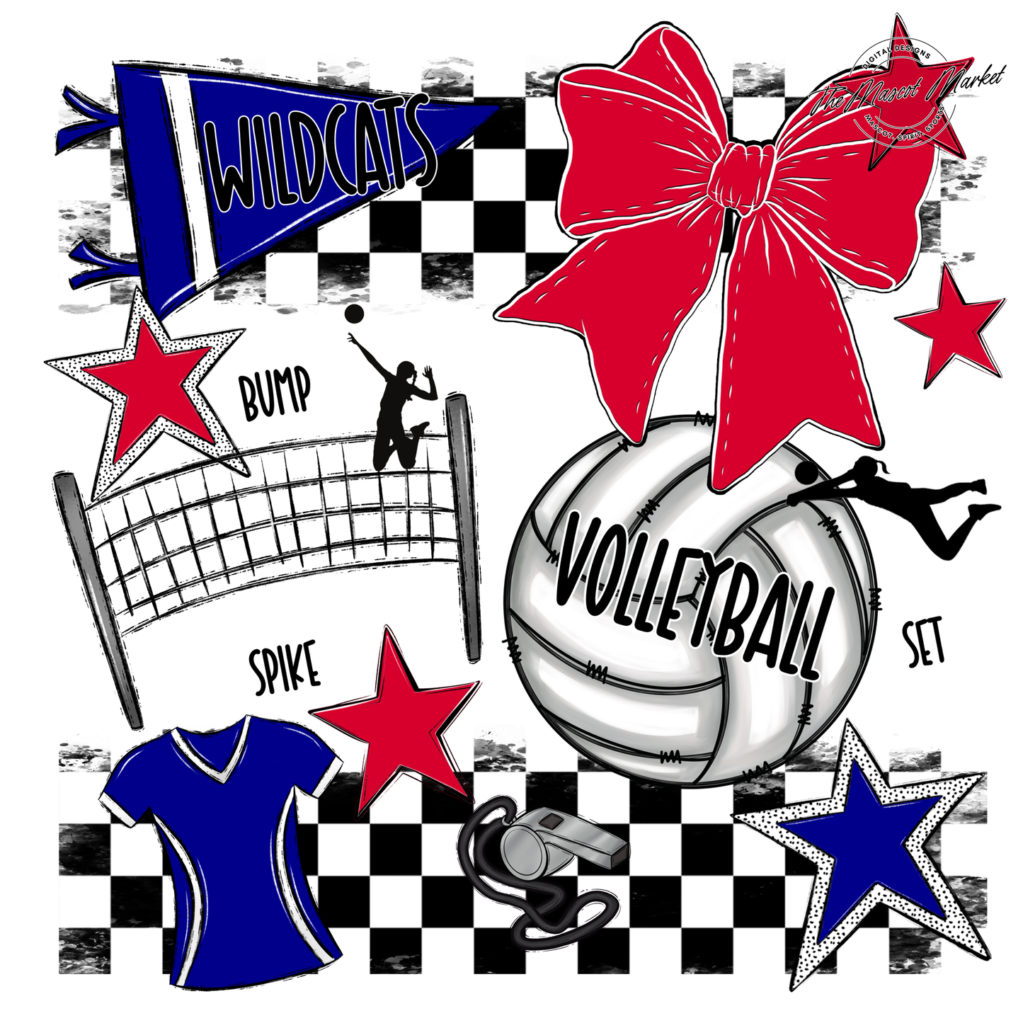 Wildcats Checkers Volleyball Spirit Design-Blue-Red