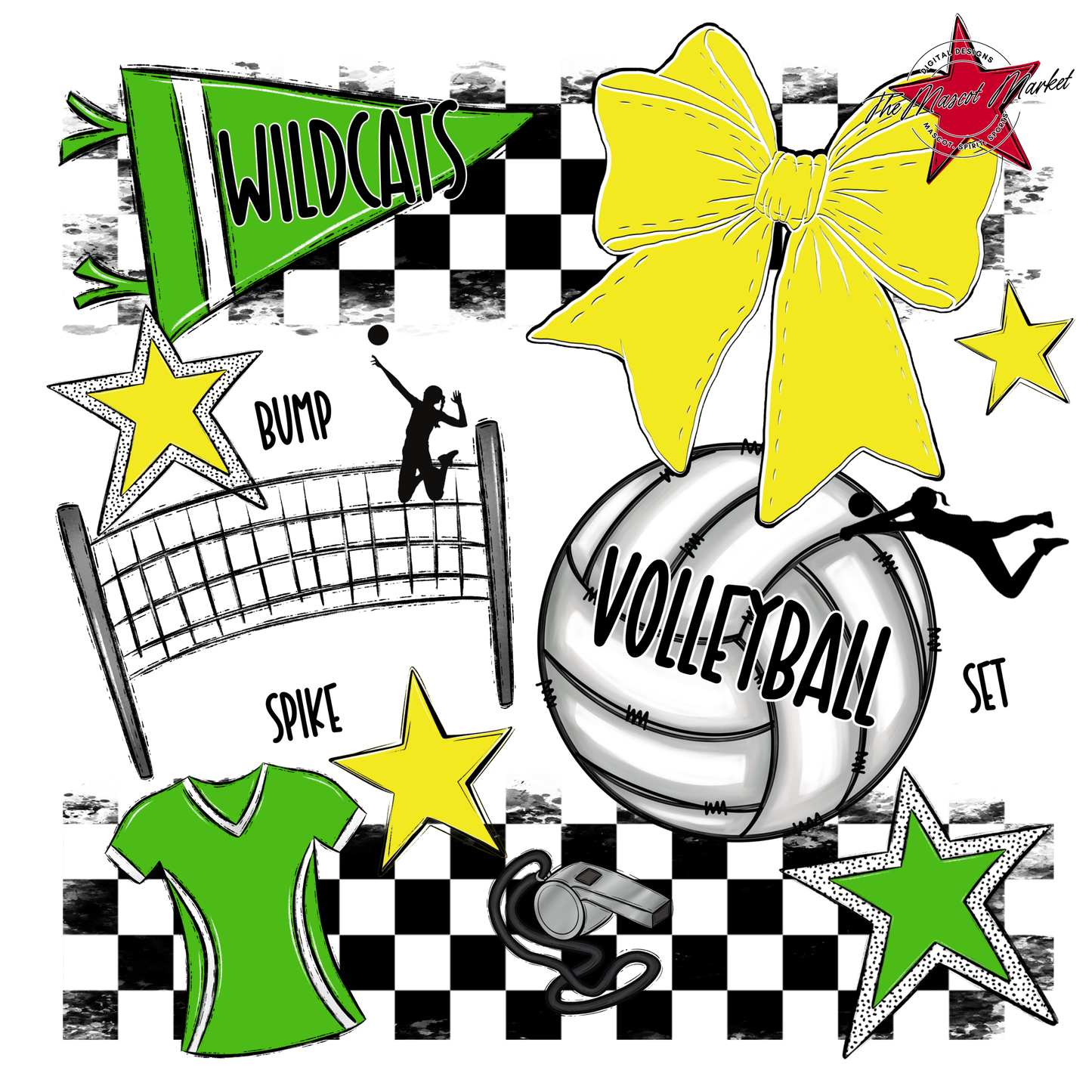 Wildcats Checkers Volleyball Spirit Design-Bright Green-Bright Yellow