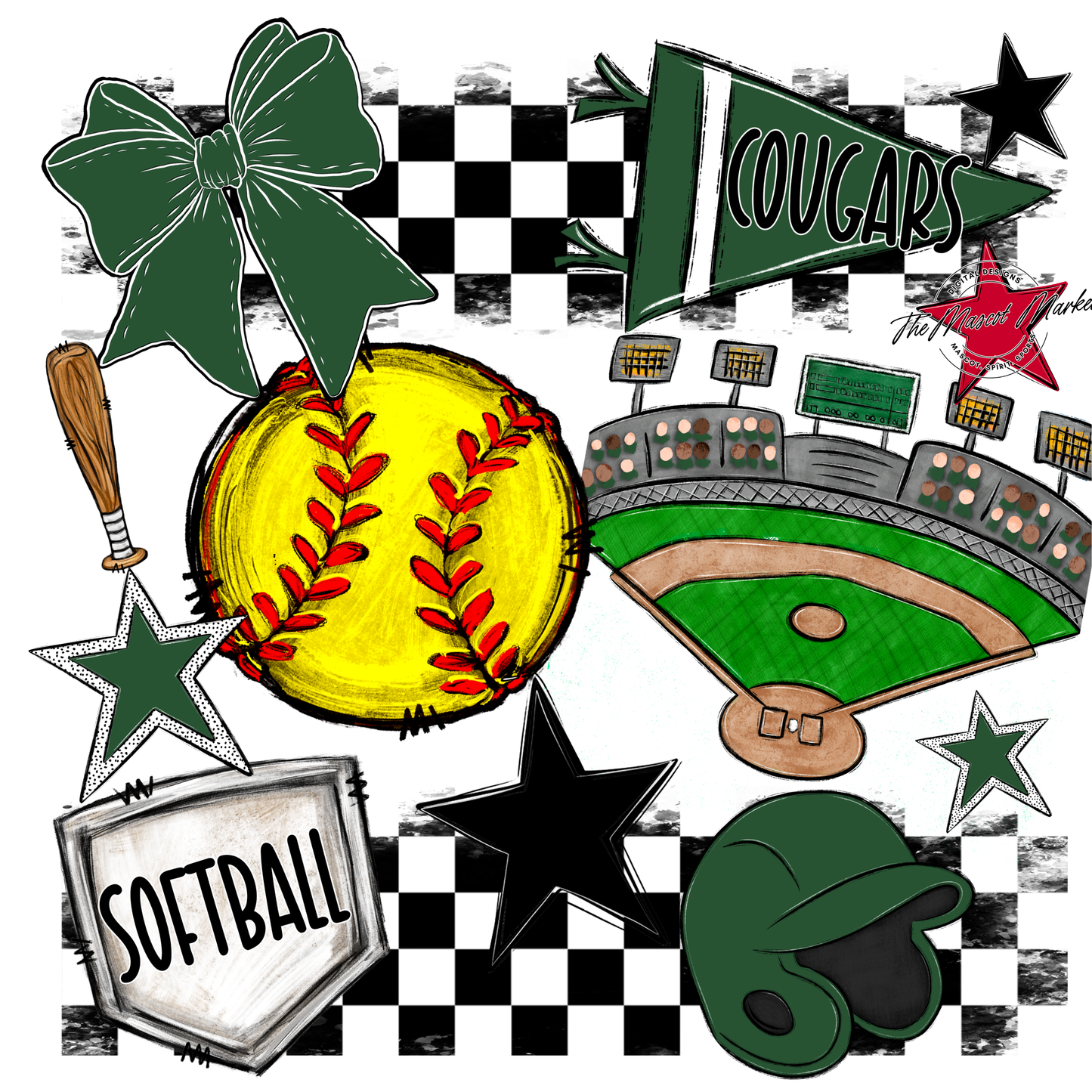 Cougars Checkers Softball Spirit Design-Green