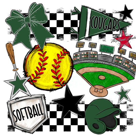 Cougars Checkers Softball Spirit Design-Green