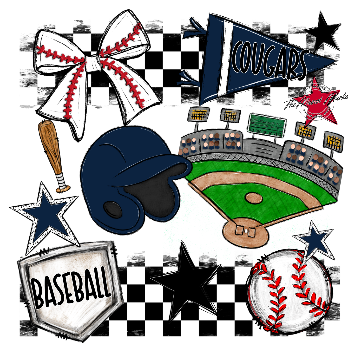 Cougars Checkers Baseball Spirit Design-Navy