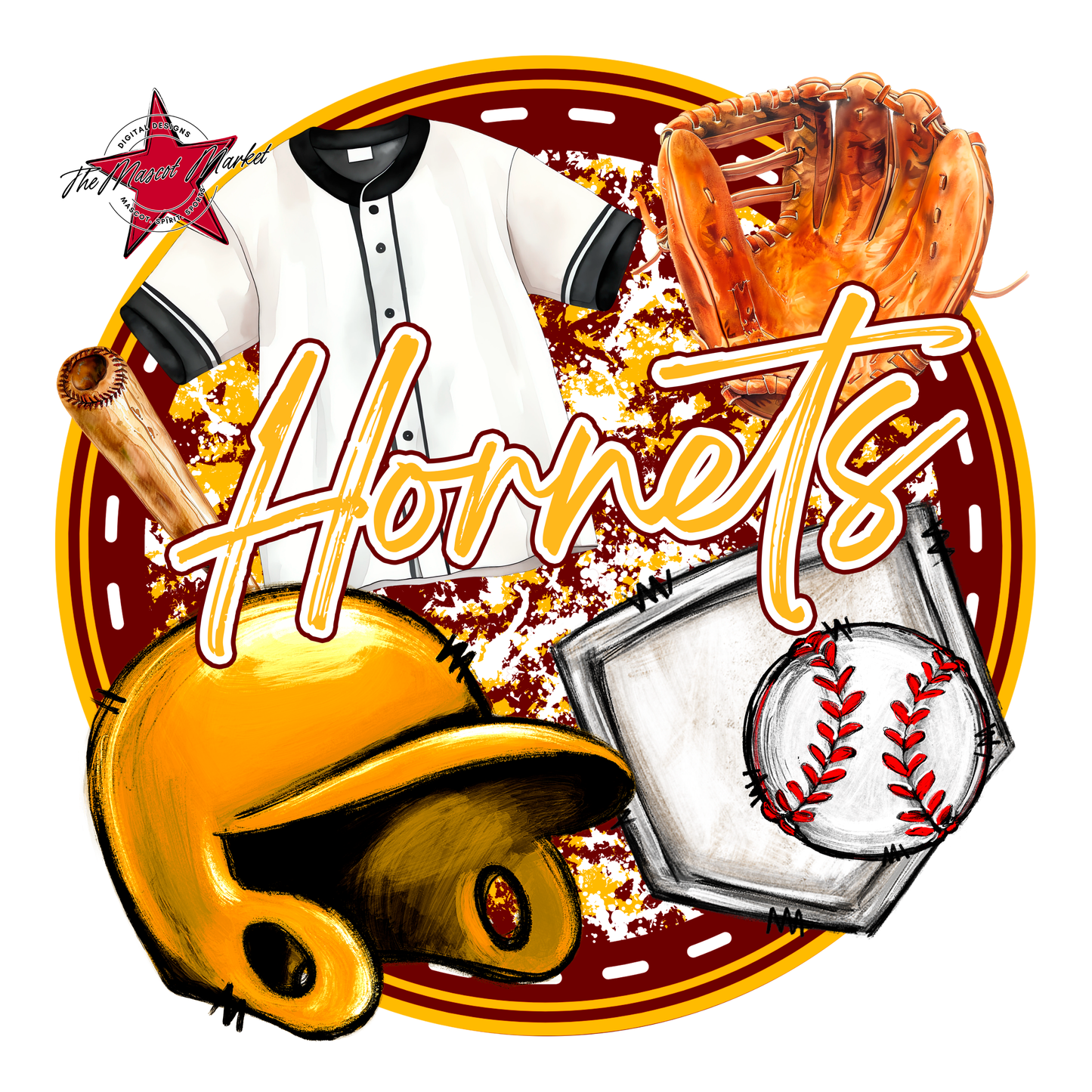 Hornets Circle Baseball Design-Maroon-Yellow