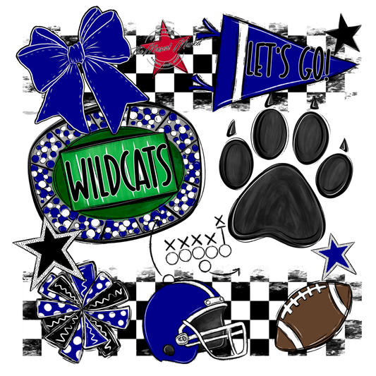 Wildcats Checkers Mascot Spirit Design w Paw-Blue