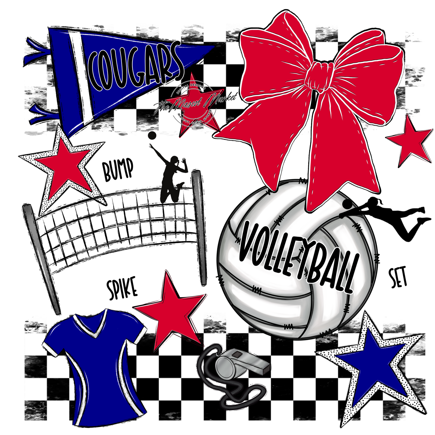 Cougars Checkers Volleyball Spirit Design-Blue-Red