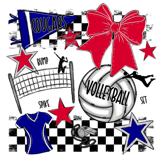 Cougars Checkers Volleyball Spirit Design-Blue-Red