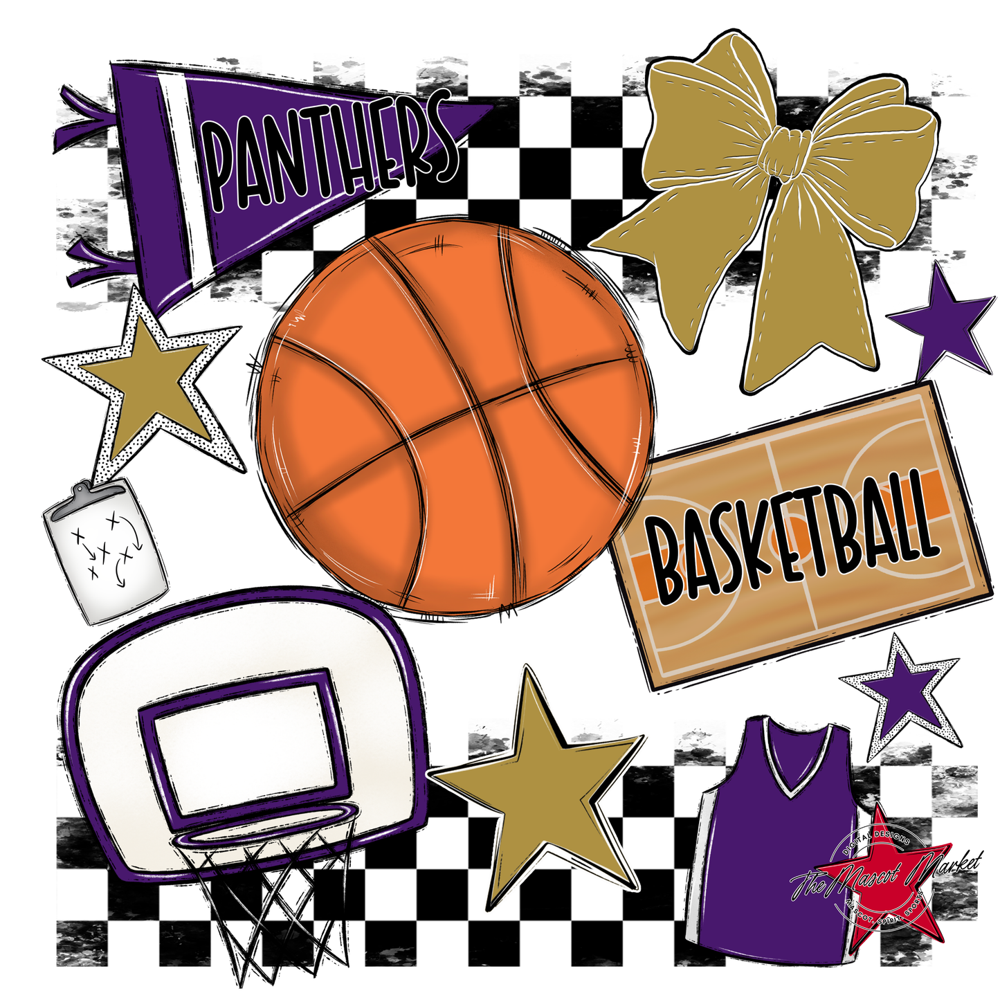 Panthers Checkers Basketball Spirit Design-Purple-Gold