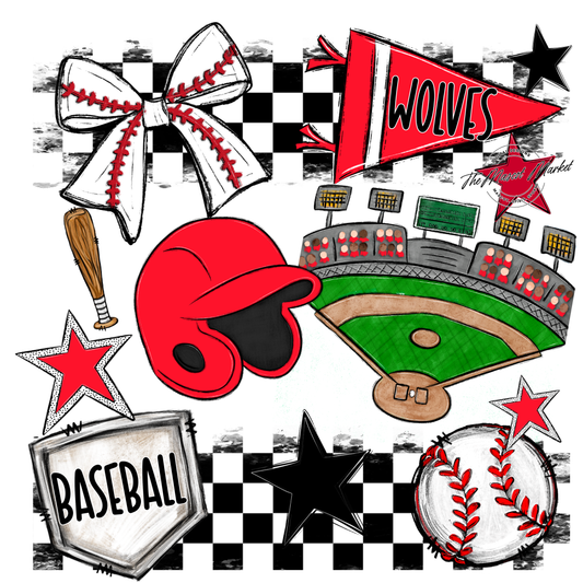 Wolves Checkers Baseball Spirit Design-Bright Red