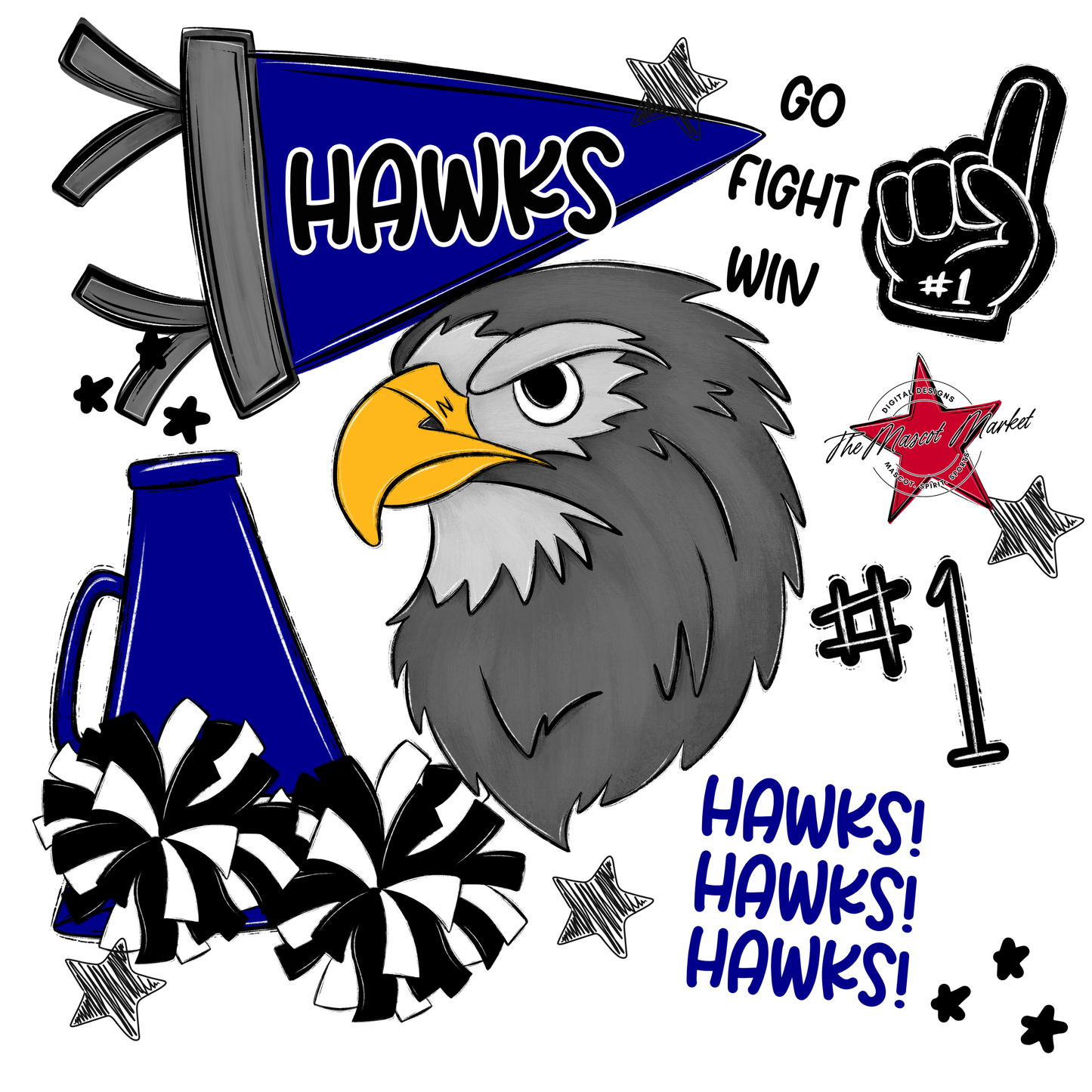 Hawks Mixed Mascot Spirit Design-Blue