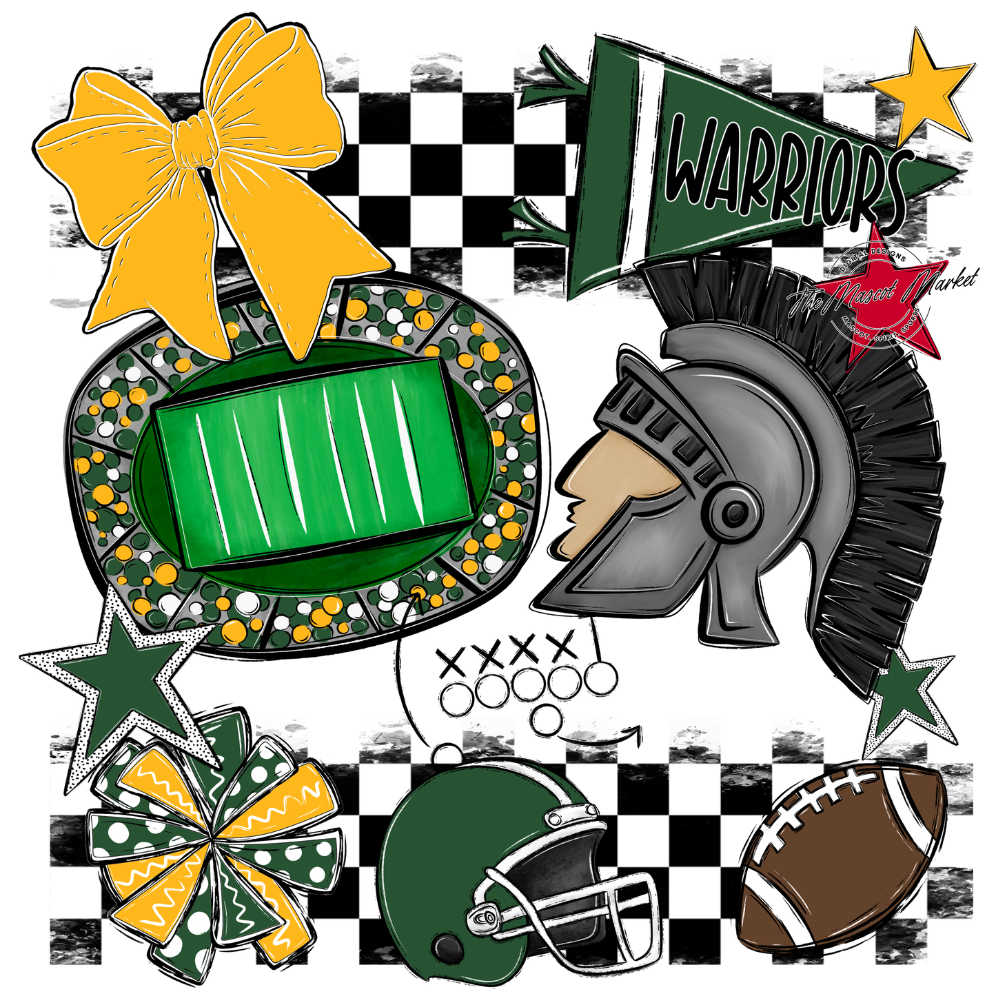 Warriors Checkers Mascot Spirit Design-Green-Yellow