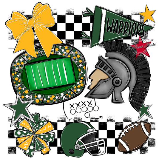 Warriors Checkers Mascot Spirit Design-Green-Yellow