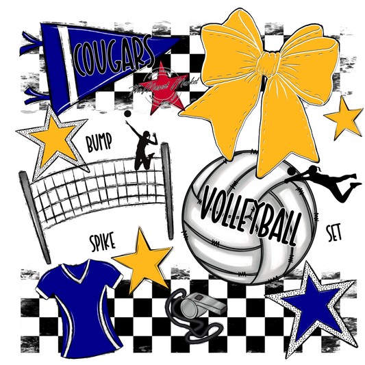 Cougars Checkers Volleyball Spirit Design-Blue-Yellow