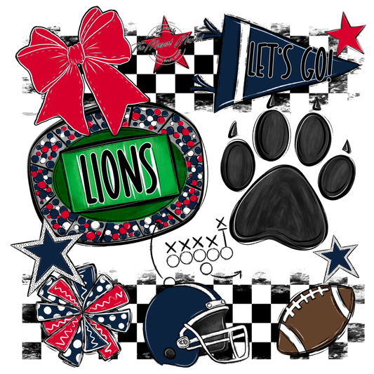 Lions Checkers Mascot Spirit Design w Paw-Navy-Red