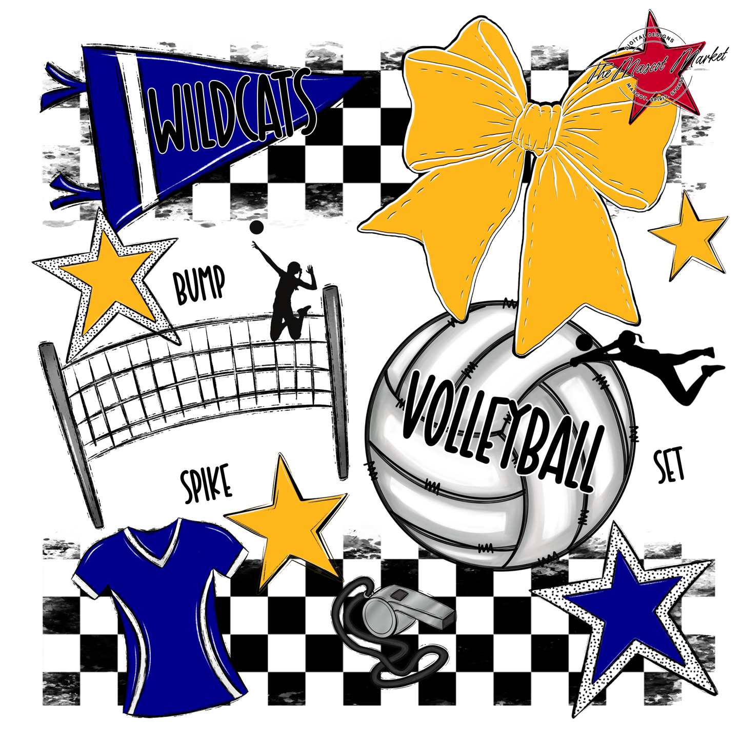 Wildcats Checkers Volleyball Spirit Design-Blue-Yellow