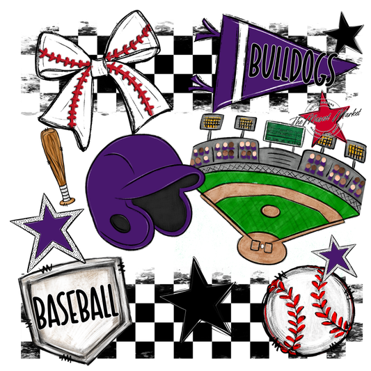 Bulldogs Checkers Baseball Spirit Design-Purple