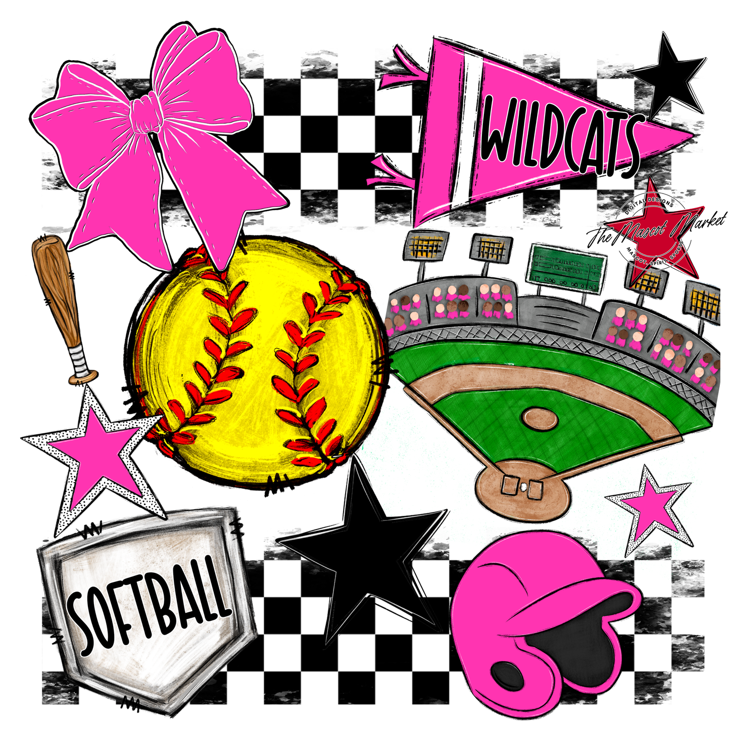 Wildcats Checkers Softball Spirit Design-Pink