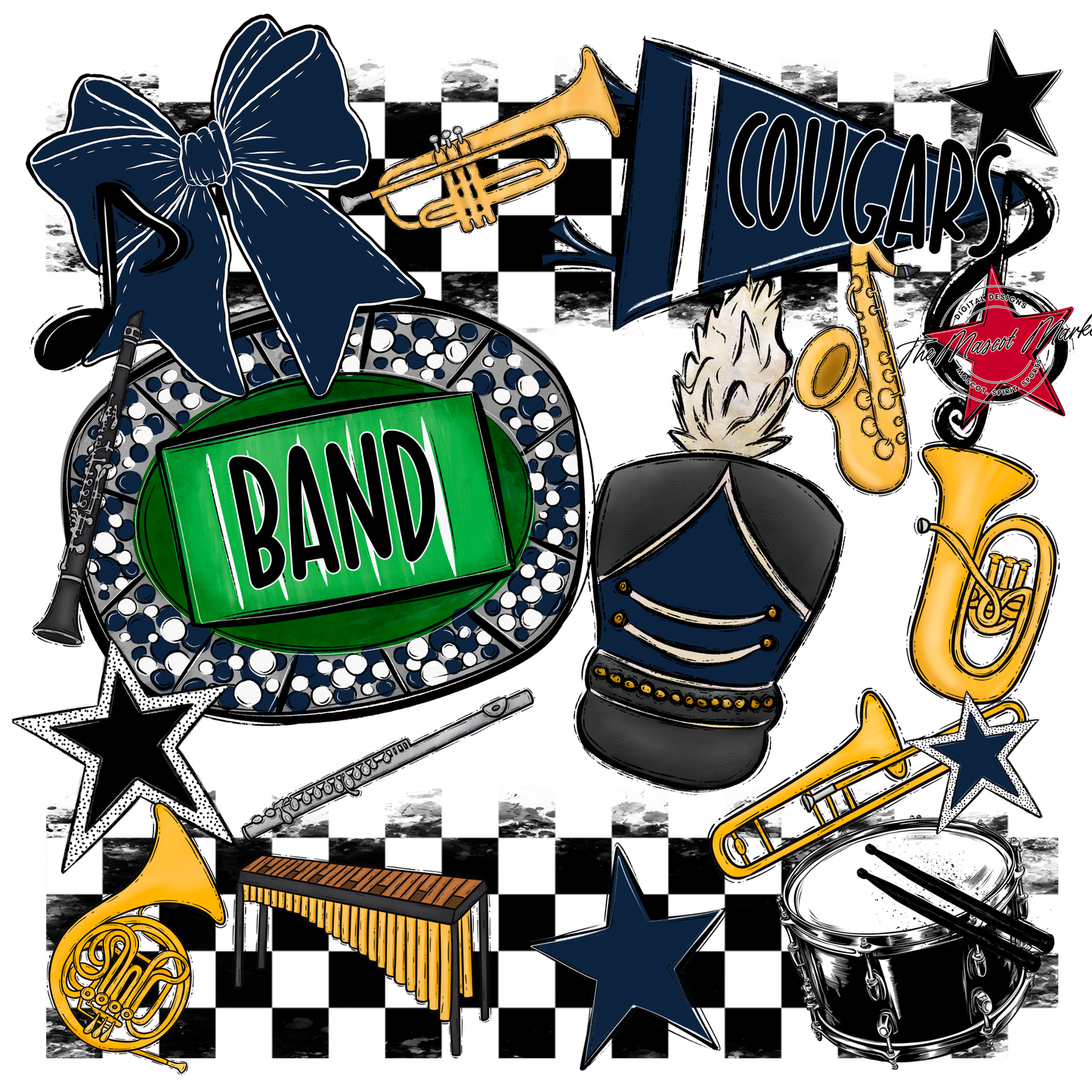 Cougars Checkers Band Spirit Design-Navy