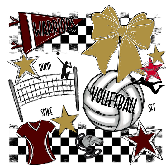 Warriors Checkers Volleyball Spirit Design-Maroon-Gold