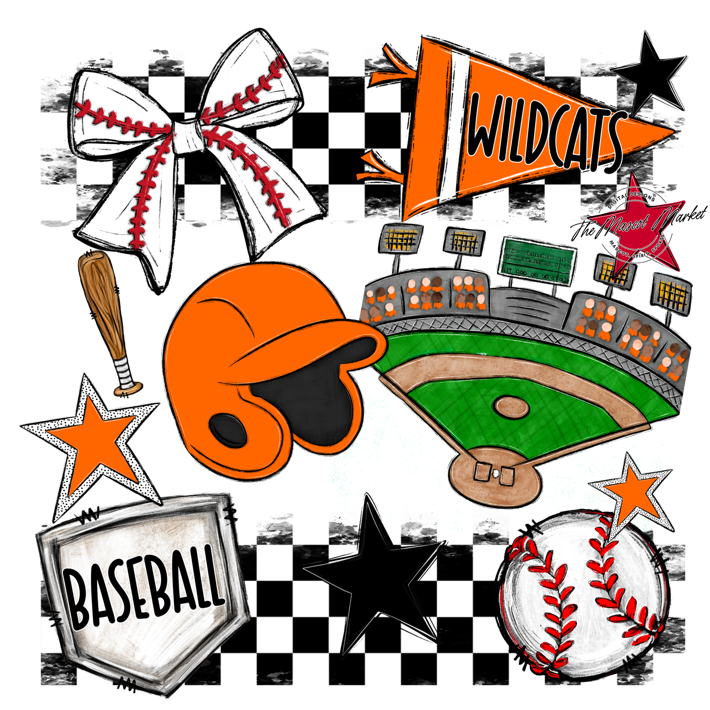 Wildcats Checkers Baseball Spirit Design-Orange