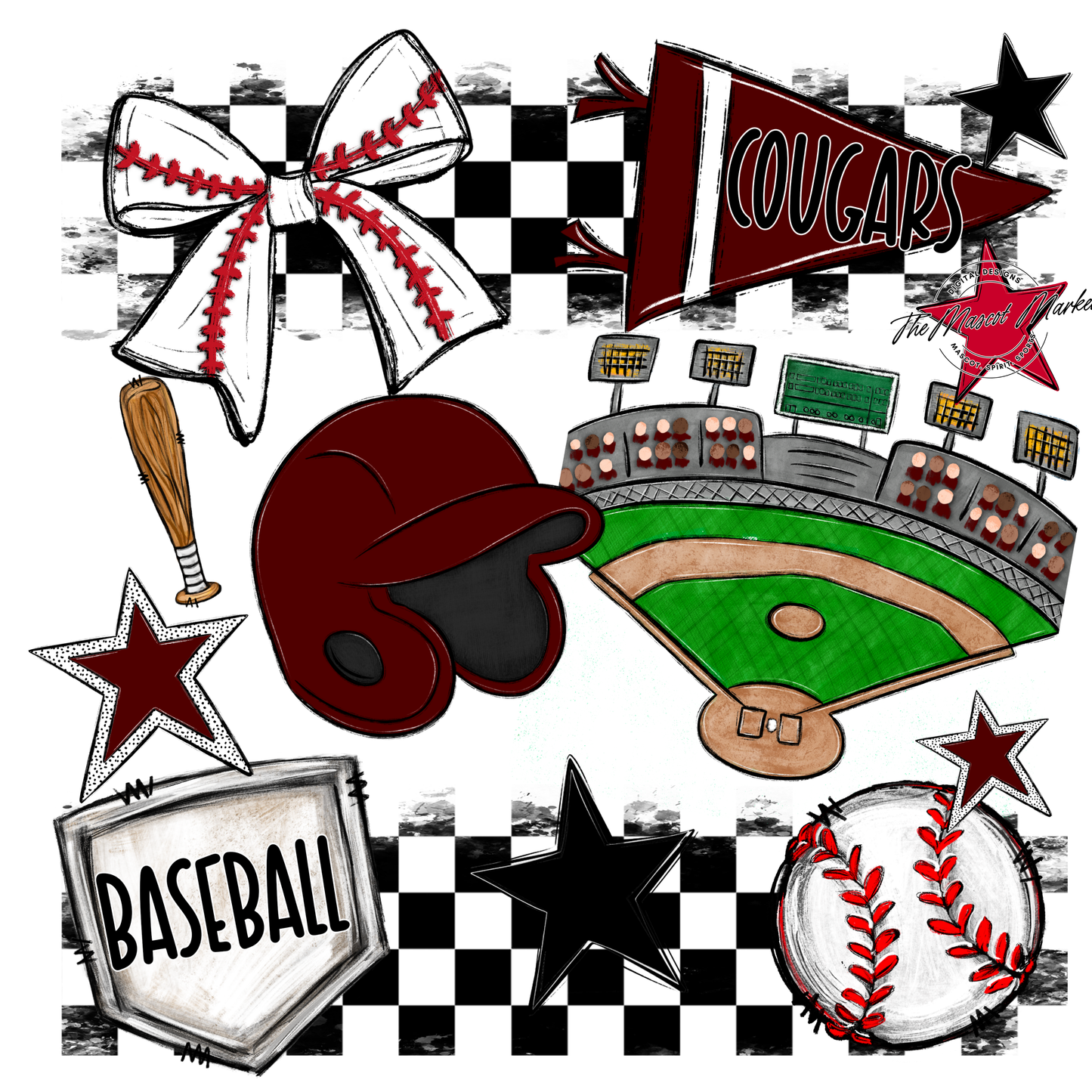 Cougars Checkers Baseball Spirit Design-Maroon