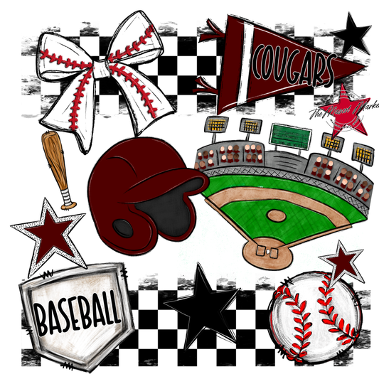 Cougars Checkers Baseball Spirit Design-Maroon