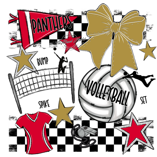 Panthers Checkers Volleyball Spirit Design-Red-Gold