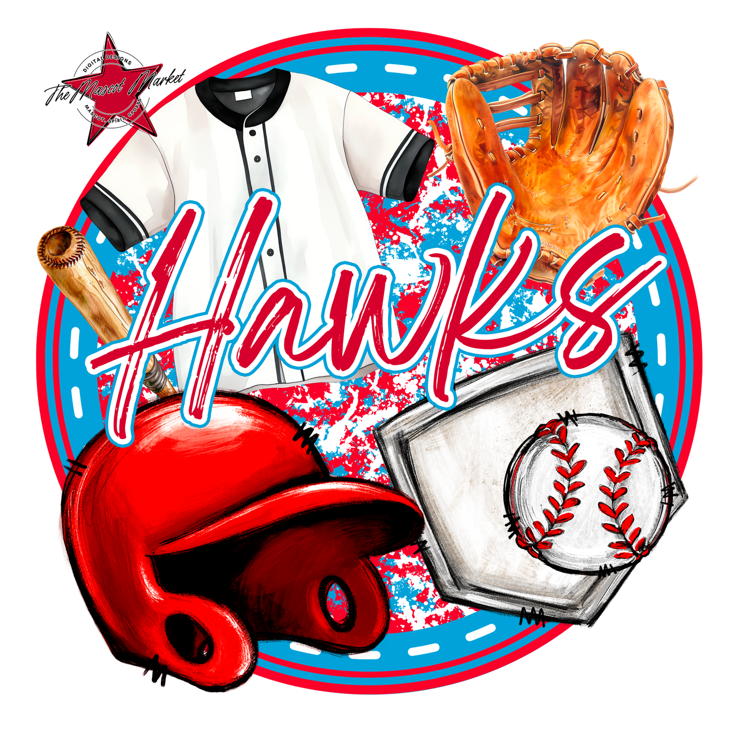 Hawks Circle Baseball Design-Carolina Blue-Red