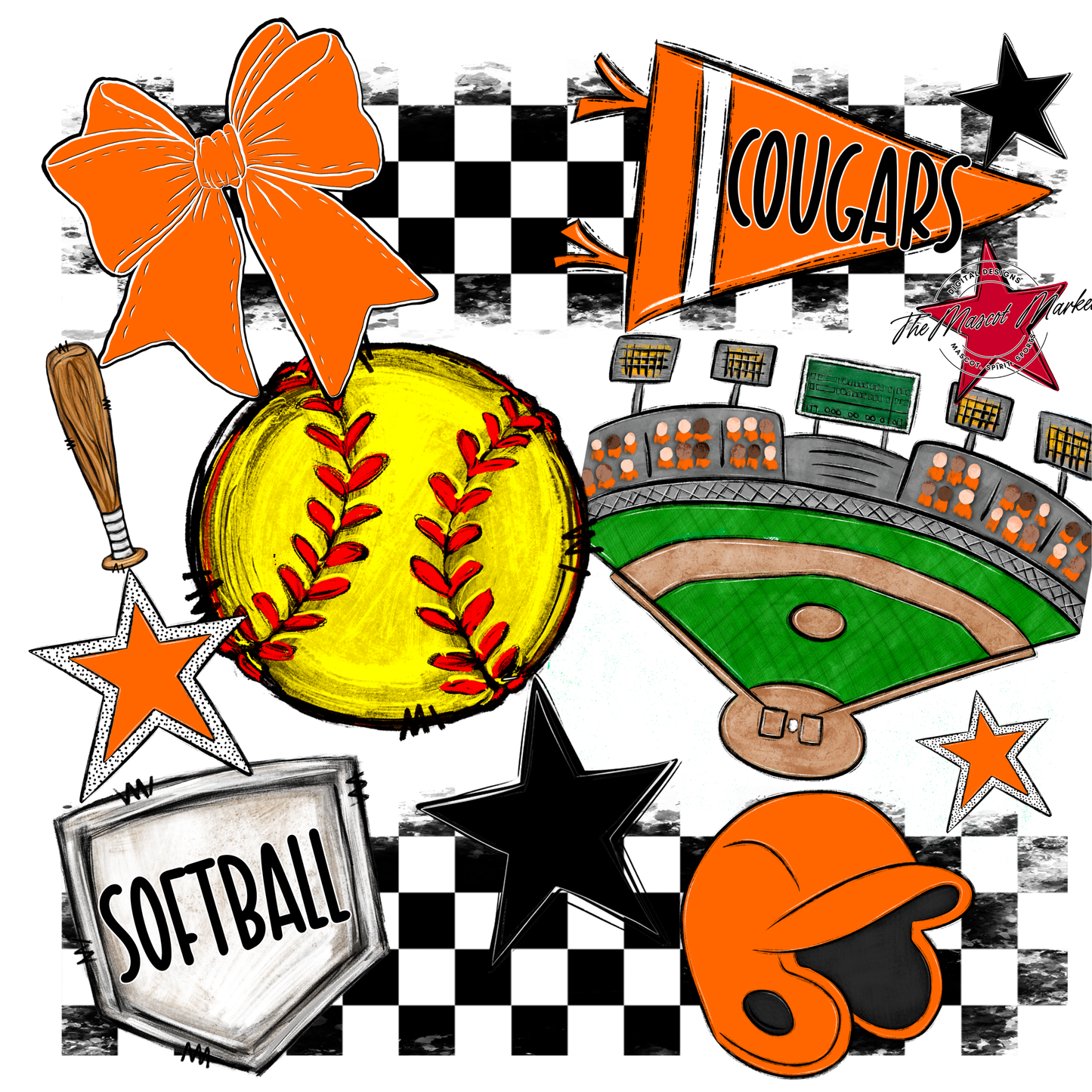 Cougars Checkers Softball Spirit Design-Orange