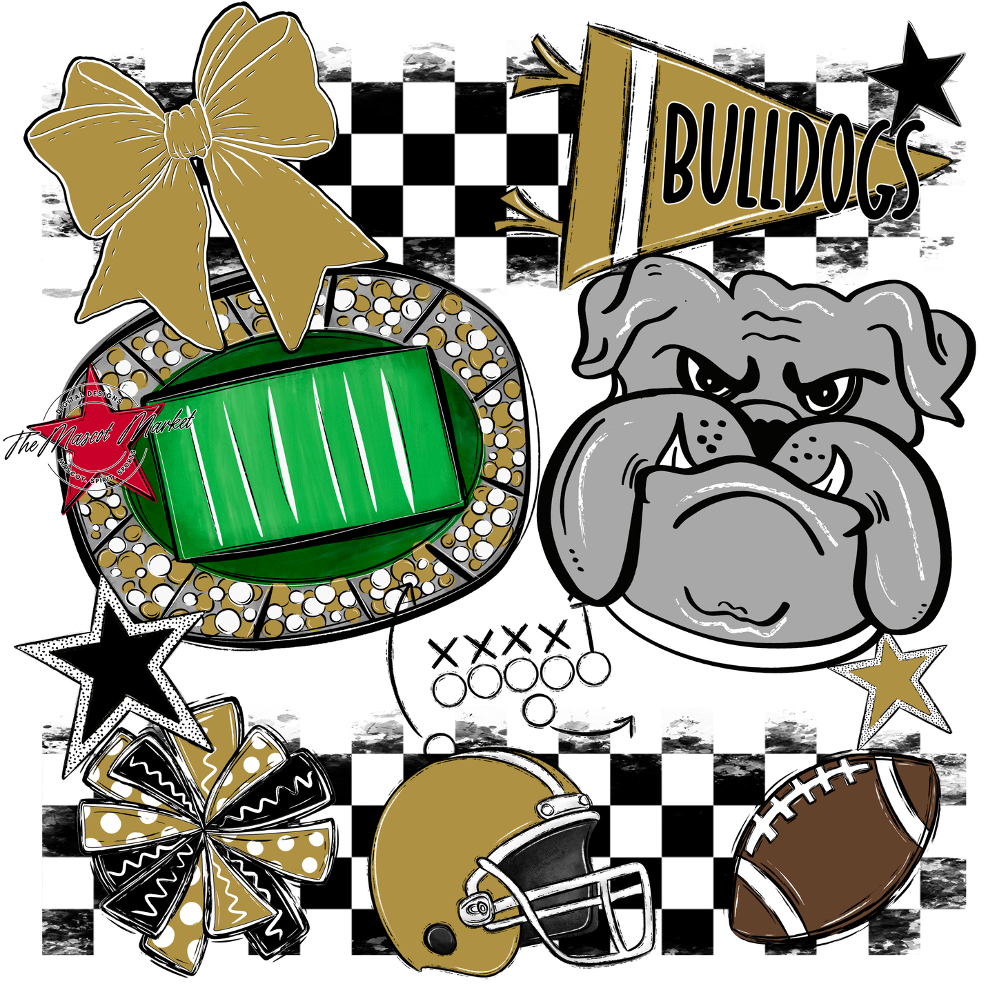 Bulldogs Checkers Mascot Spirit Design-Gold