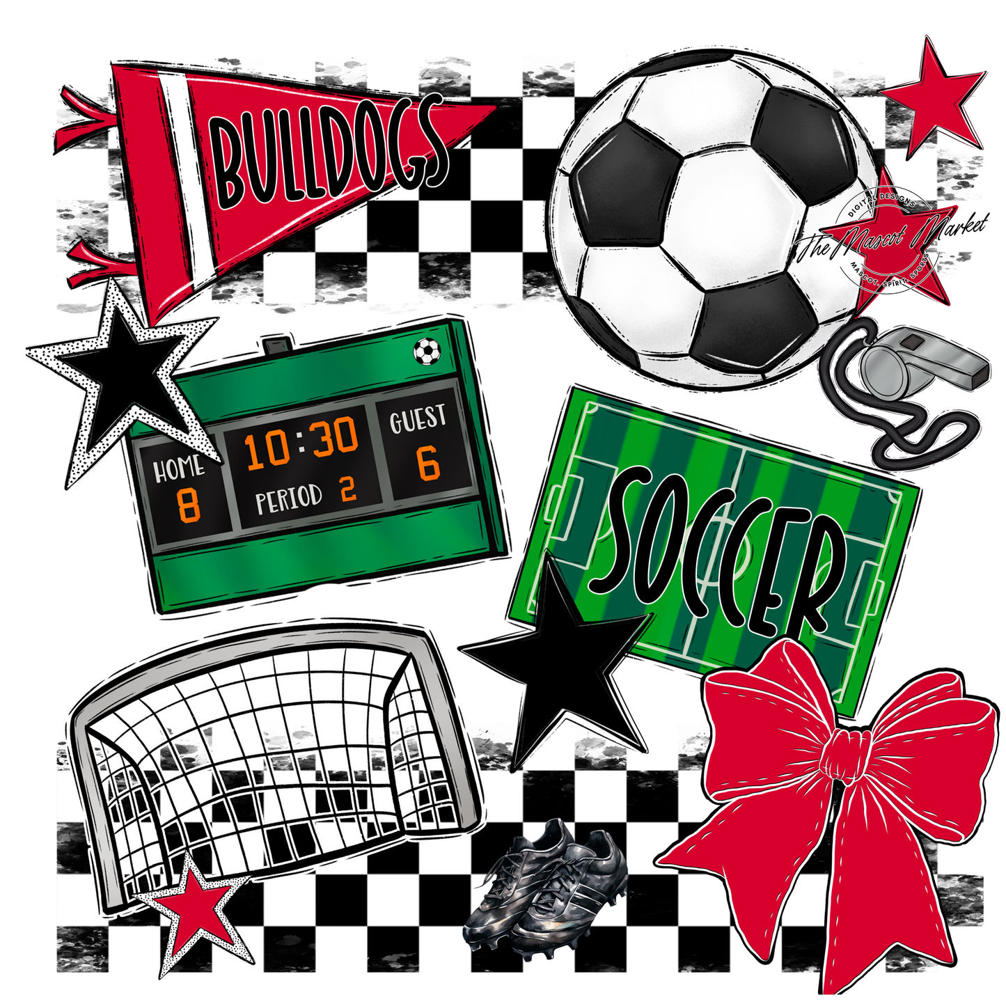 Bulldogs Checkers Soccer Spirit Design-Red