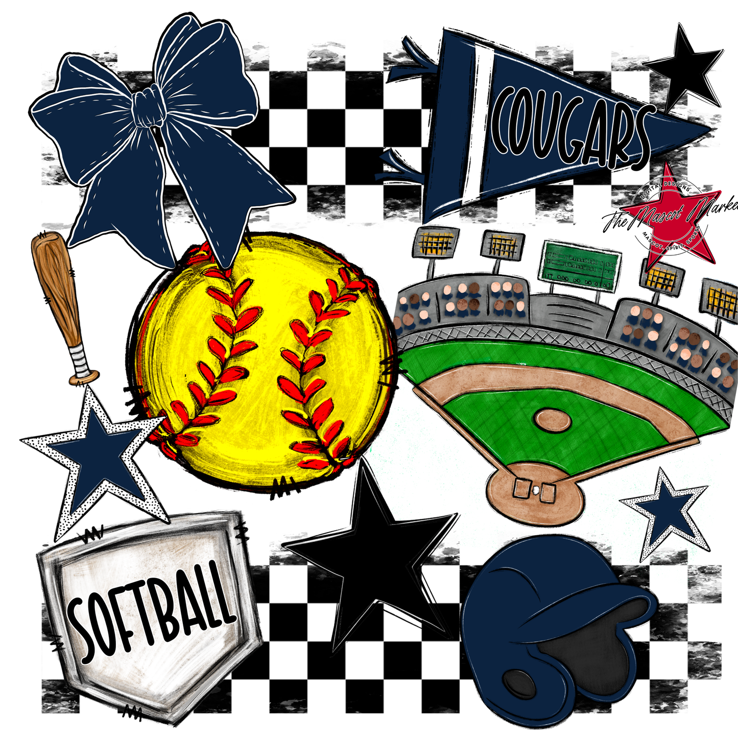 Cougars Checkers Softball Spirit Design-Navy