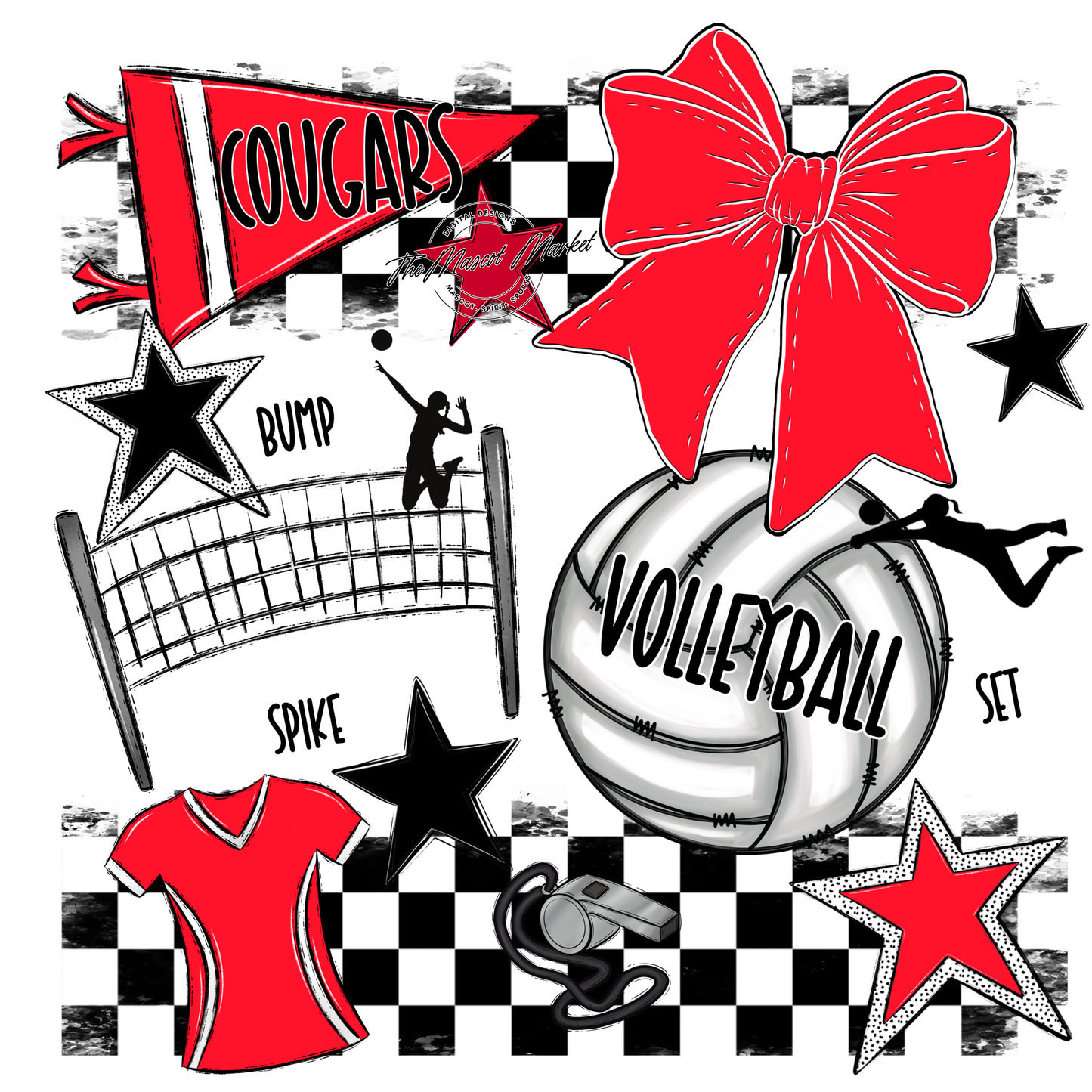 Cougars Checkers Volleyball Spirit Design-Bright Red