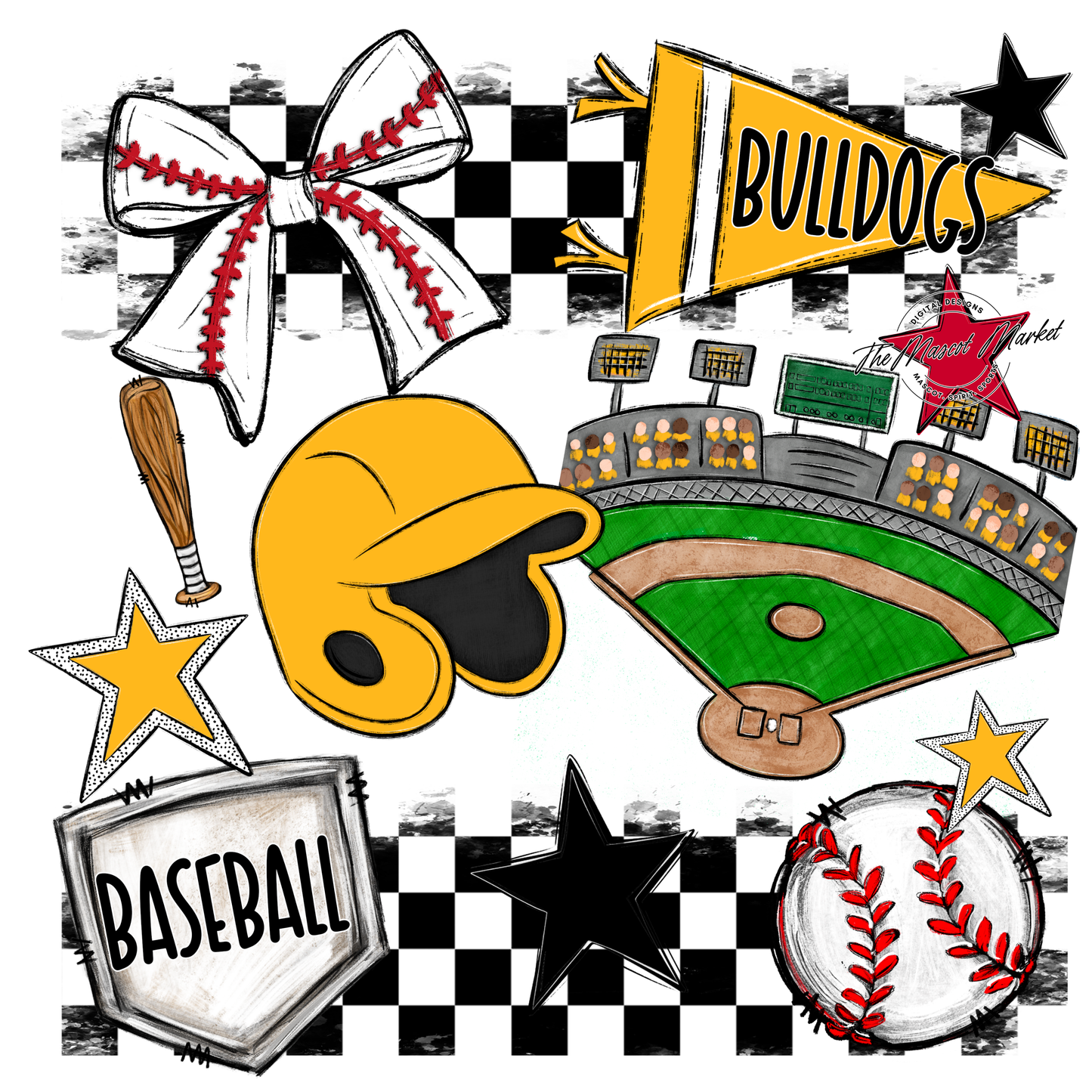 Bulldogs Checkers Baseball Spirit Design-Yellow