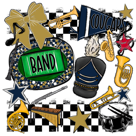 Cougars Checkers Band Spirit Design-Navy-Gold