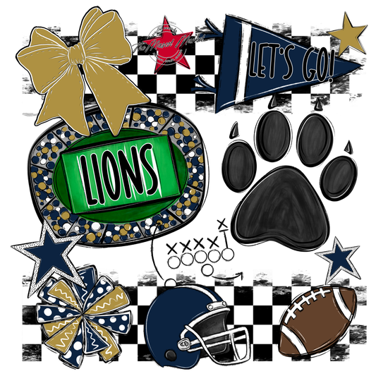 Lions Checkers Mascot Spirit Design w Paw-Navy-Gold