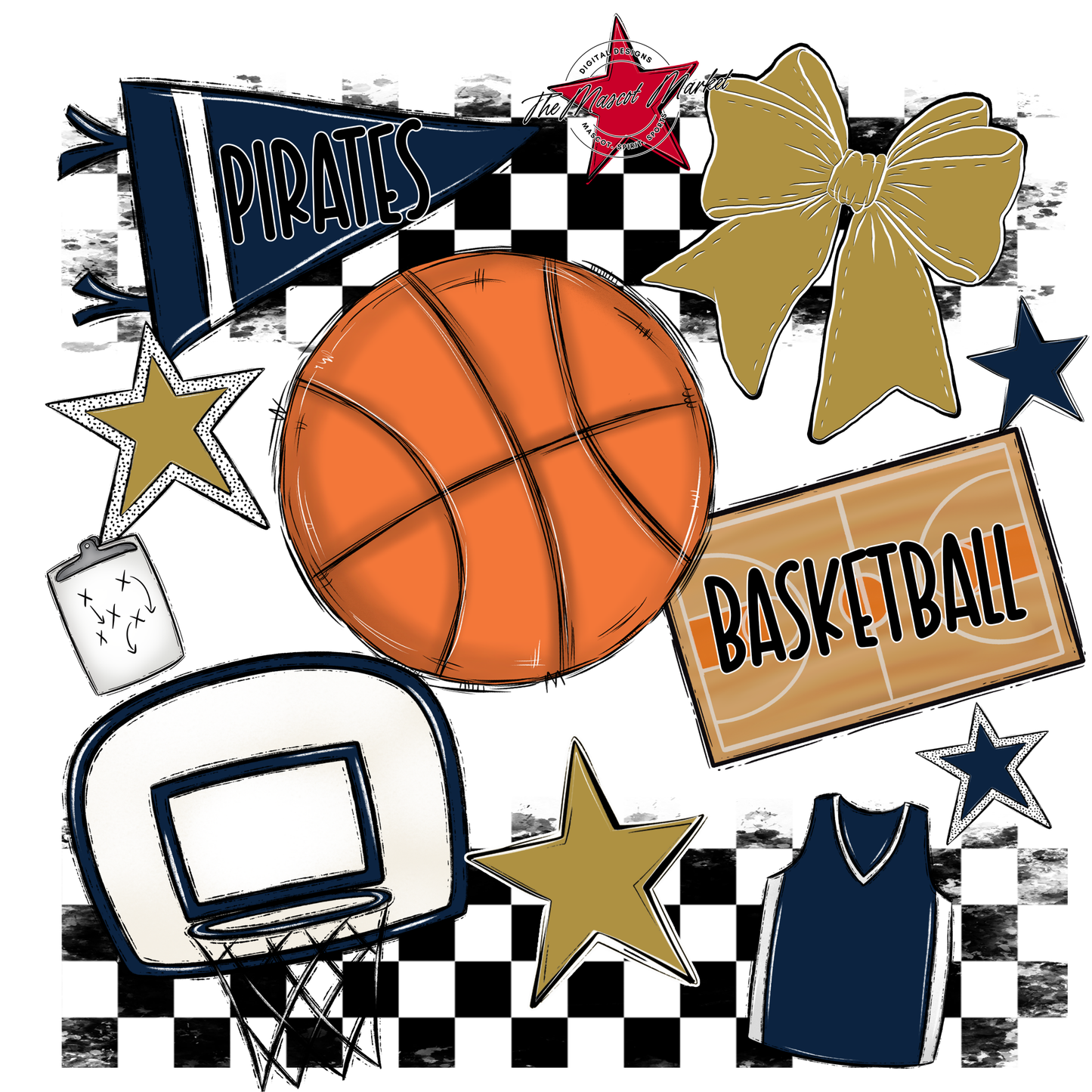 Pirates Checkers Basketball Spirit Design-Navy-Gold