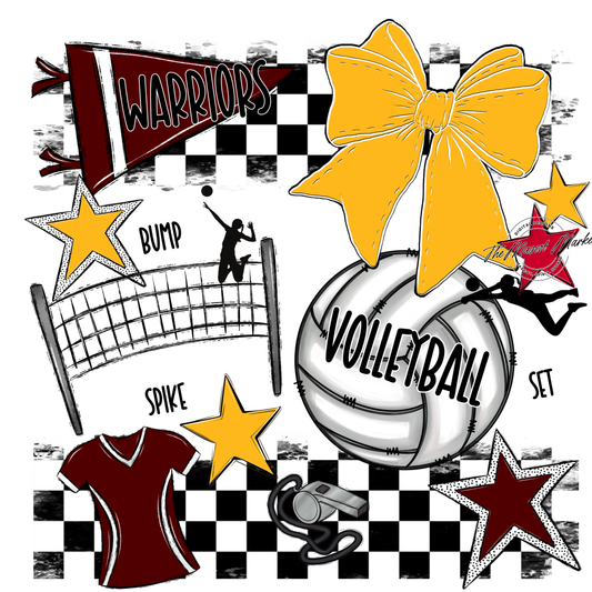Warriors Checkers Volleyball Spirit Design-Maroon-Yellow