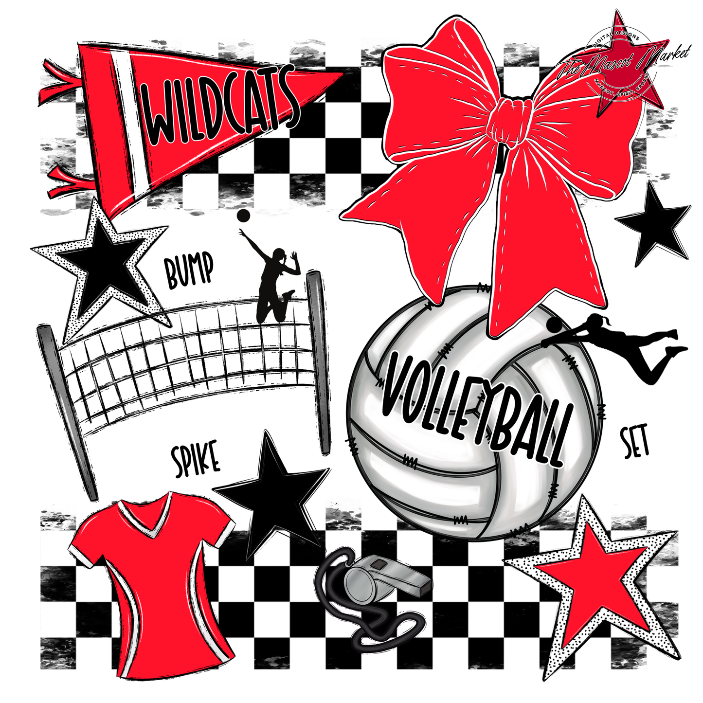 Wildcats Checkers Volleyball Spirit Design-Bright Red