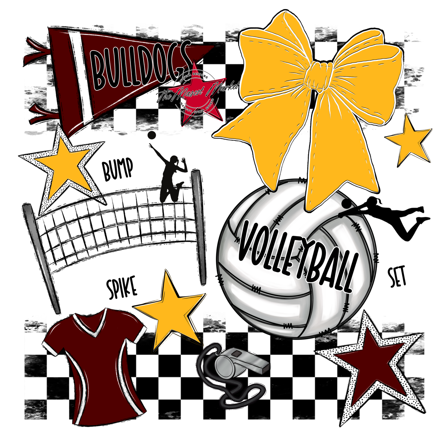 Bulldogs Checkers Volleyball Spirit Design-Maroon-Yellow