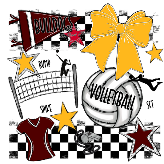 Bulldogs Checkers Volleyball Spirit Design-Maroon-Yellow