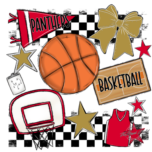 Panthers Checkers Basketball Spirit Design-Red-Gold