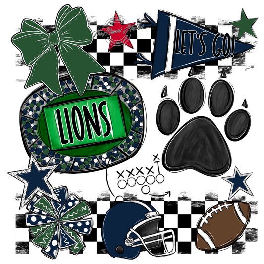 Lions Checkers Mascot Spirit Design w Paw-Navy-Green