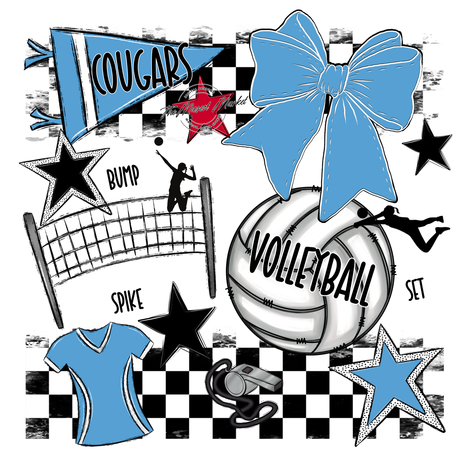 Cougars Checkers Volleyball Spirit Design-Carolina Blue