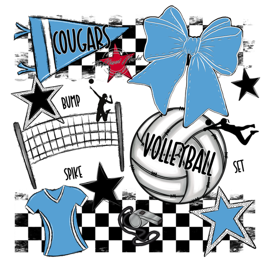 Cougars Checkers Volleyball Spirit Design-Carolina Blue